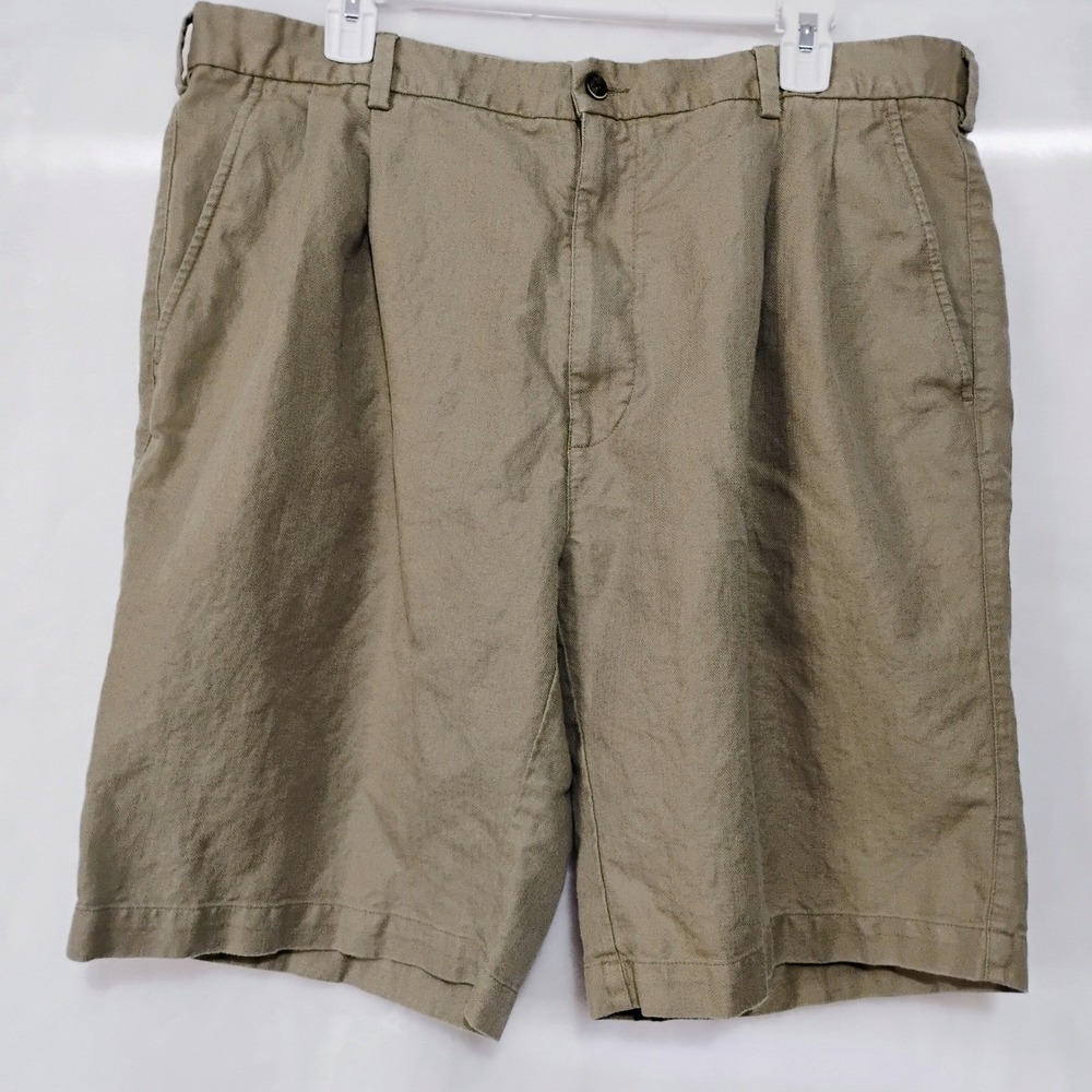 Caribbean Mens 38 Khaki Tan Linen Cotton Herringbone Pleated Shorts - Picture 2 of 6
